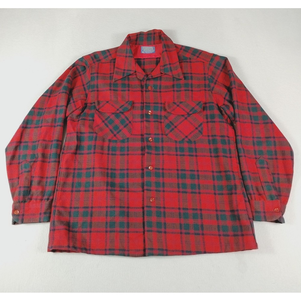 Vintage 60s/70s Pendleton‎ Shirt Men's Large Red Plaid Wool Flannel Board Shirt